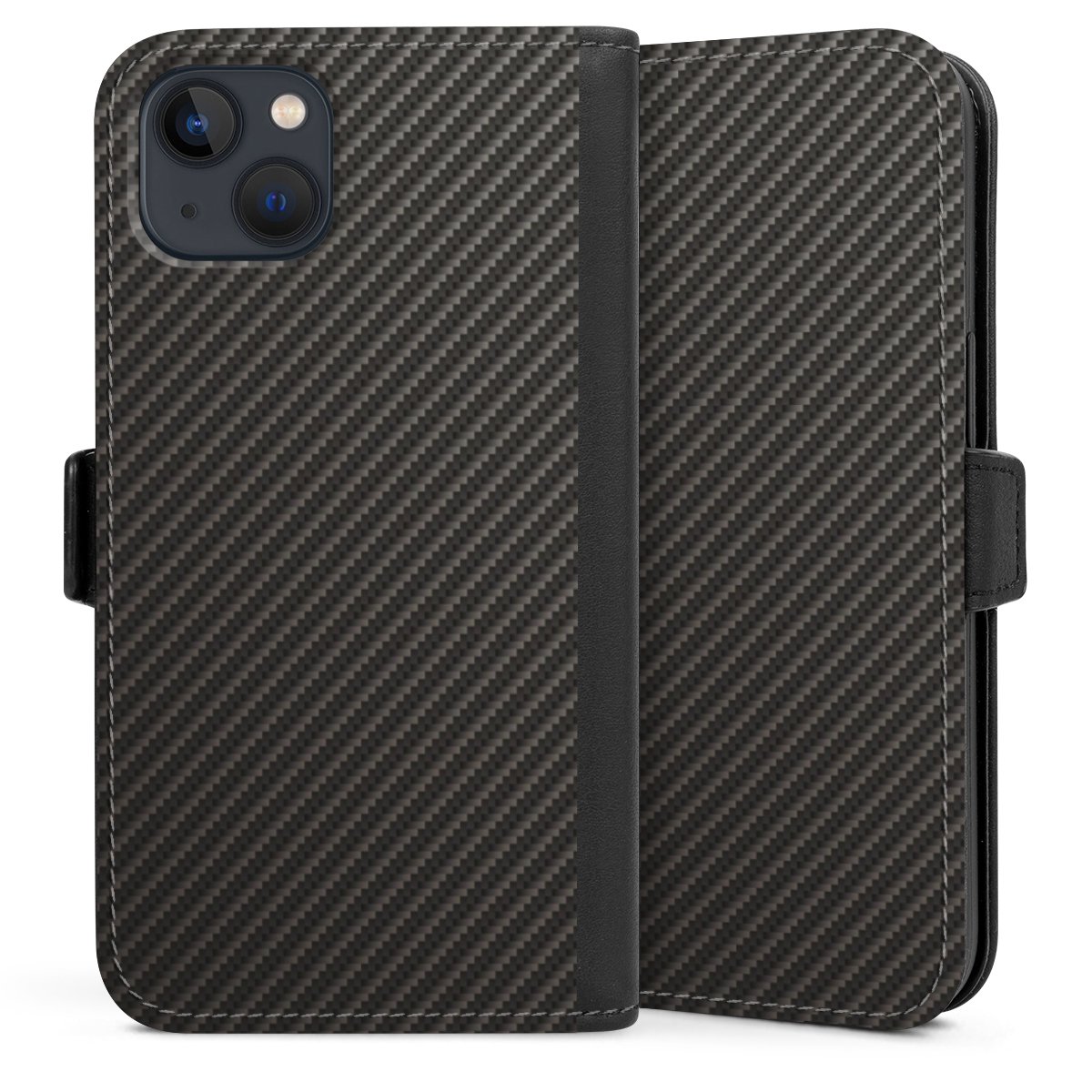 iPhone 13 Handy Klapphülle Handyhülle aus Kunst Leder schwarz Flip Case Metallic Look Carbon Muster Sideflip mit Lasche