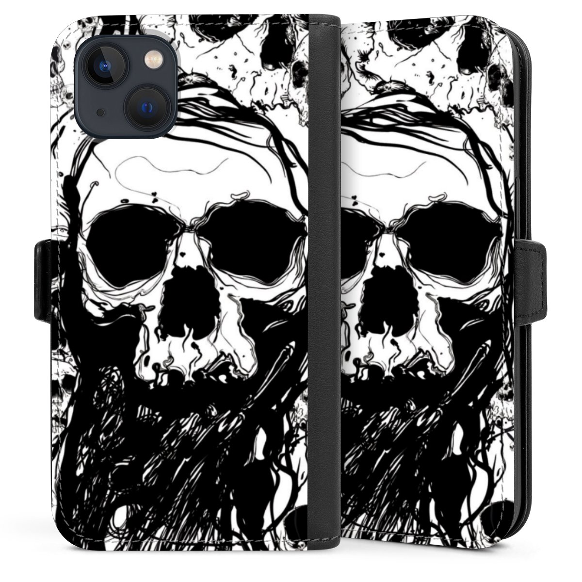 iPhone 13 Handy Klapphülle Handyhülle aus Kunst Leder schwarz Flip Case Totenkopf Halloween Sideflip mit Lasche