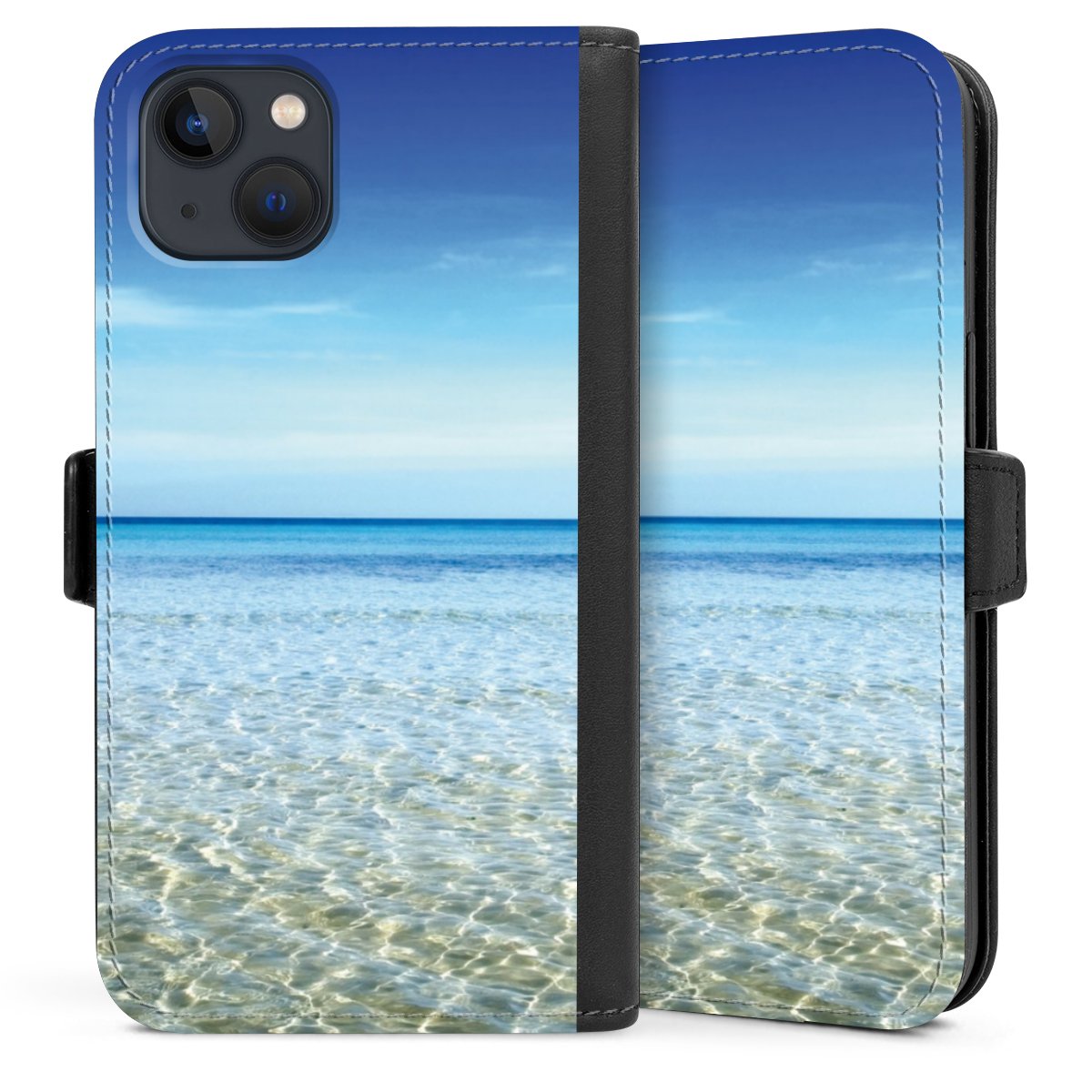 iPhone 13 Handy Klapphülle Handyhülle aus Kunst Leder schwarz Flip Case Urlaub Sky Ocean Sideflip mit Lasche