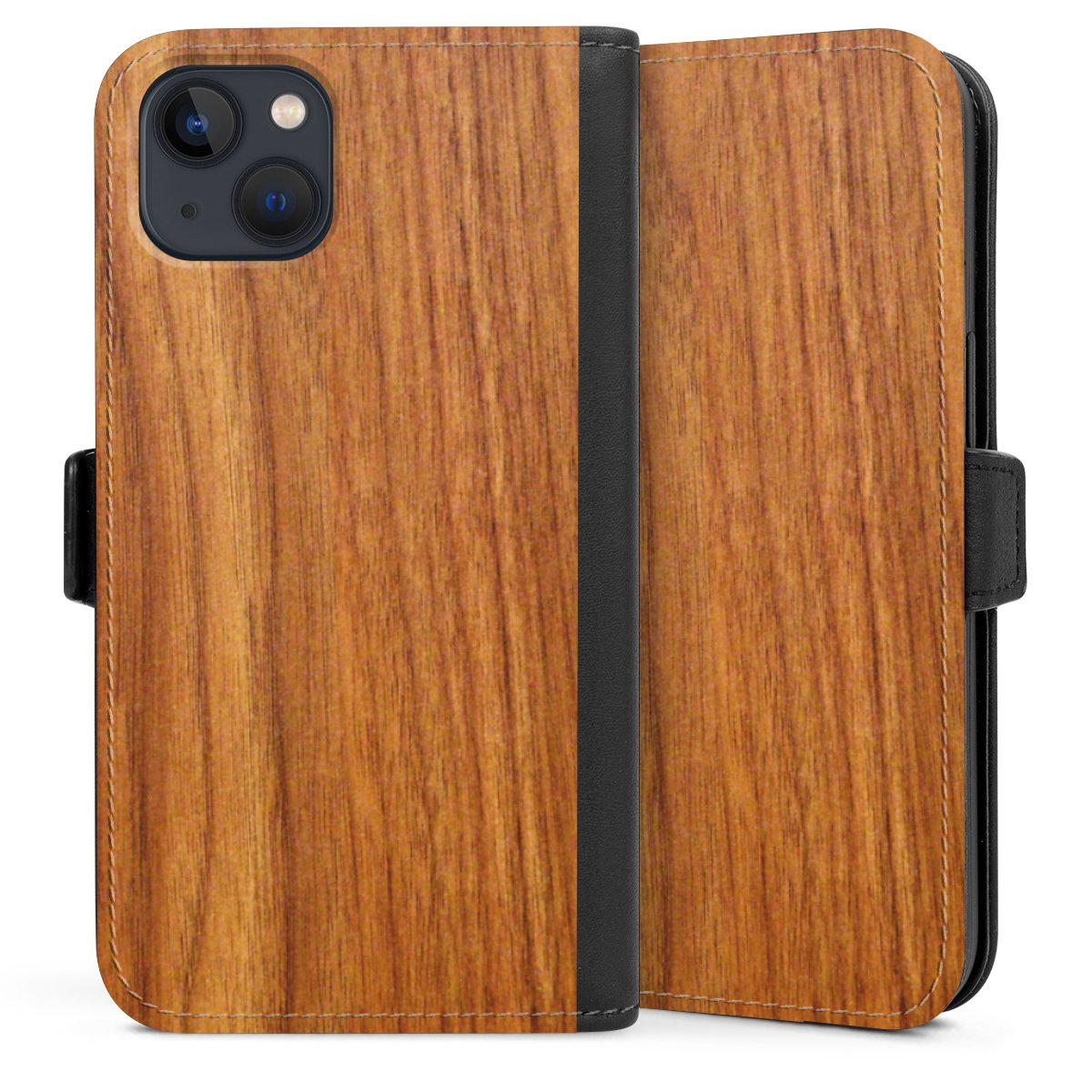 iPhone 13 Handy Klapphülle Handyhülle aus Kunst Leder schwarz Flip Case Wood Larch Wooden Look Sideflip mit Lasche