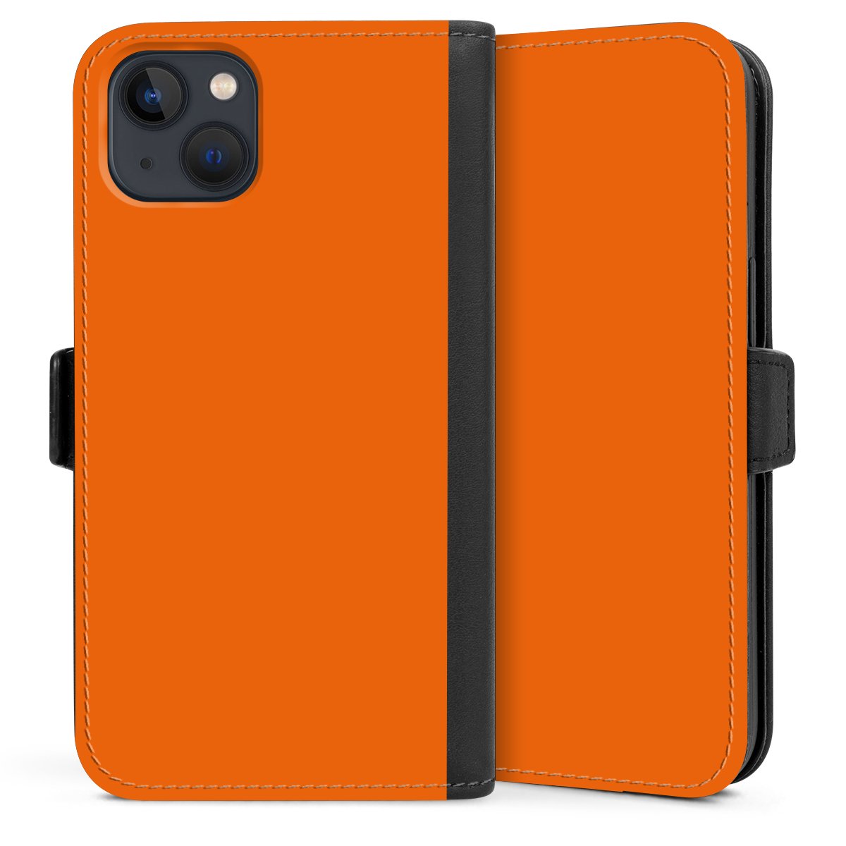 iPhone 13 Handy Klapphülle Handyhülle aus Kunst Leder schwarz Flip Case Orange Colour Unicoloured Sideflip mit Lasche