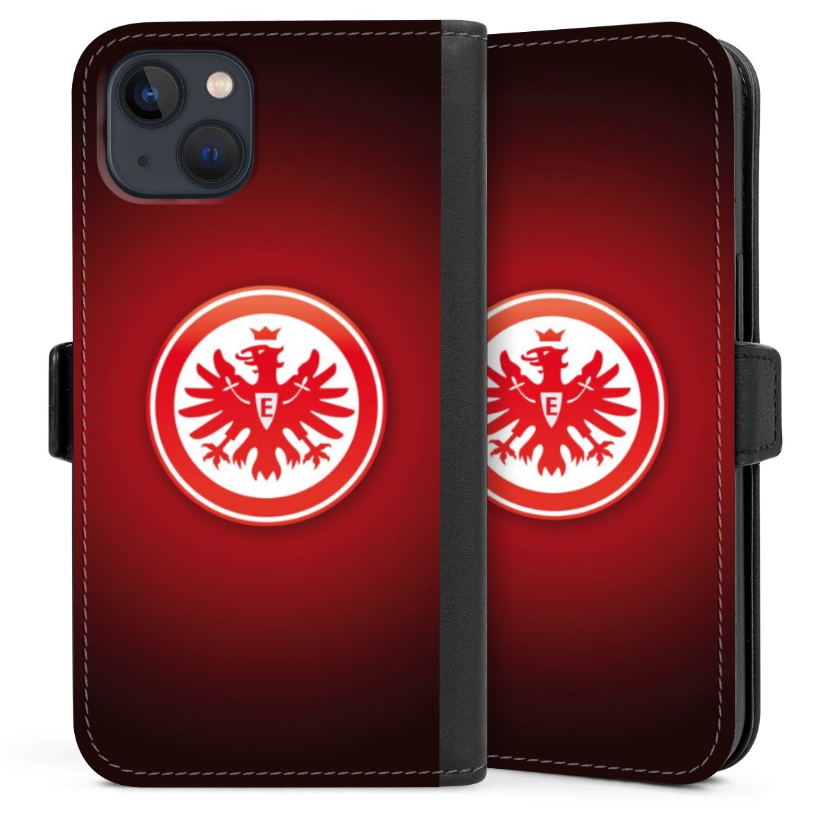 iPhone 13 Handy Klapphülle Handyhülle aus Kunst Leder schwarz Flip Case Eintracht Frankfurt Official Licensed Product Coat Of Arms Sideflip mit Lasche