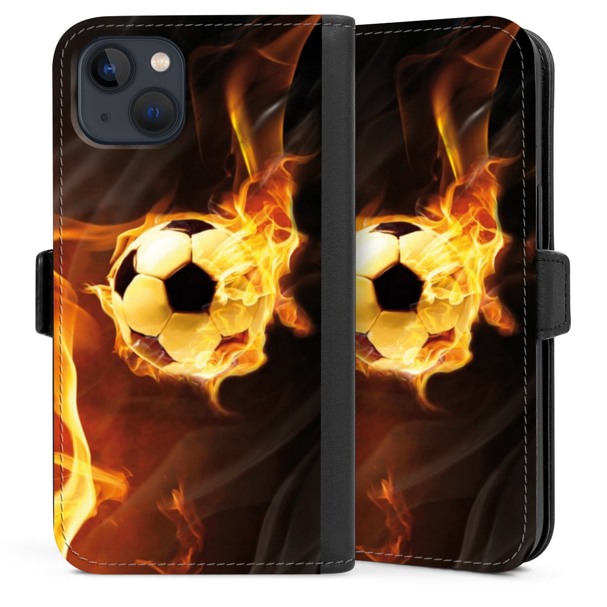 iPhone 13 Handy Klapphülle Handyhülle aus Kunst Leder schwarz Flip Case Ball Fire Soccer Sideflip mit Lasche