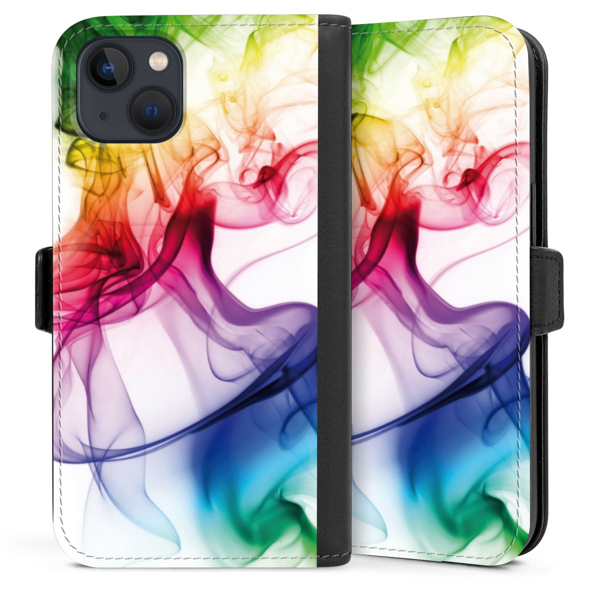 iPhone 13 Handy Klapphülle Handyhülle aus Kunst Leder schwarz Flip Case Water Colour Rainbow Sideflip mit Lasche