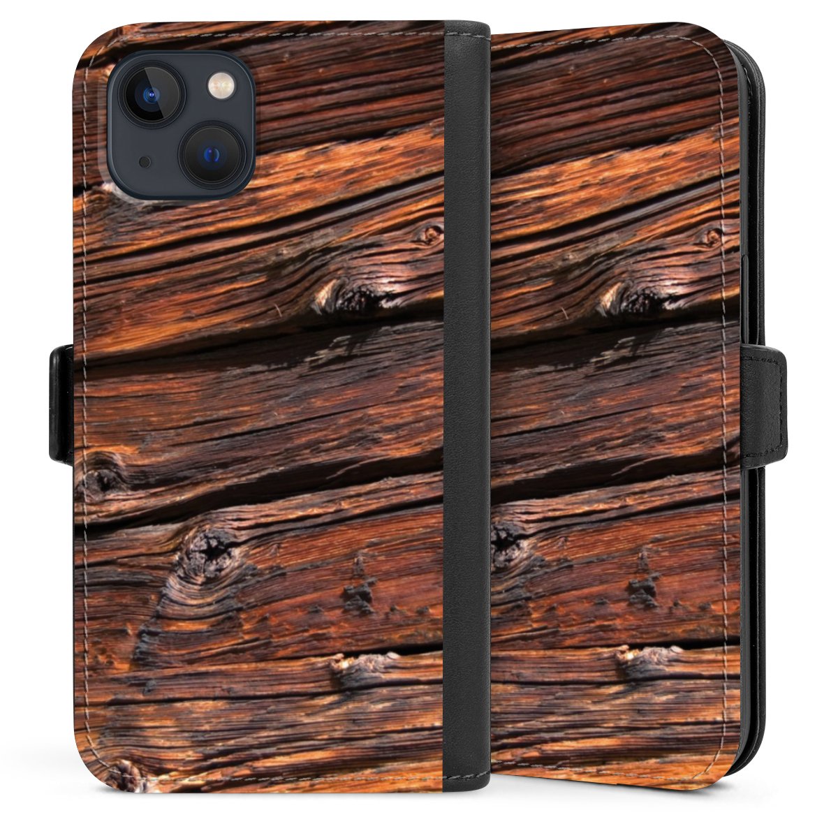 iPhone 13 Handy Klapphülle Handyhülle aus Kunst Leder schwarz Flip Case Beams Wooden Look Wood Sideflip mit Lasche