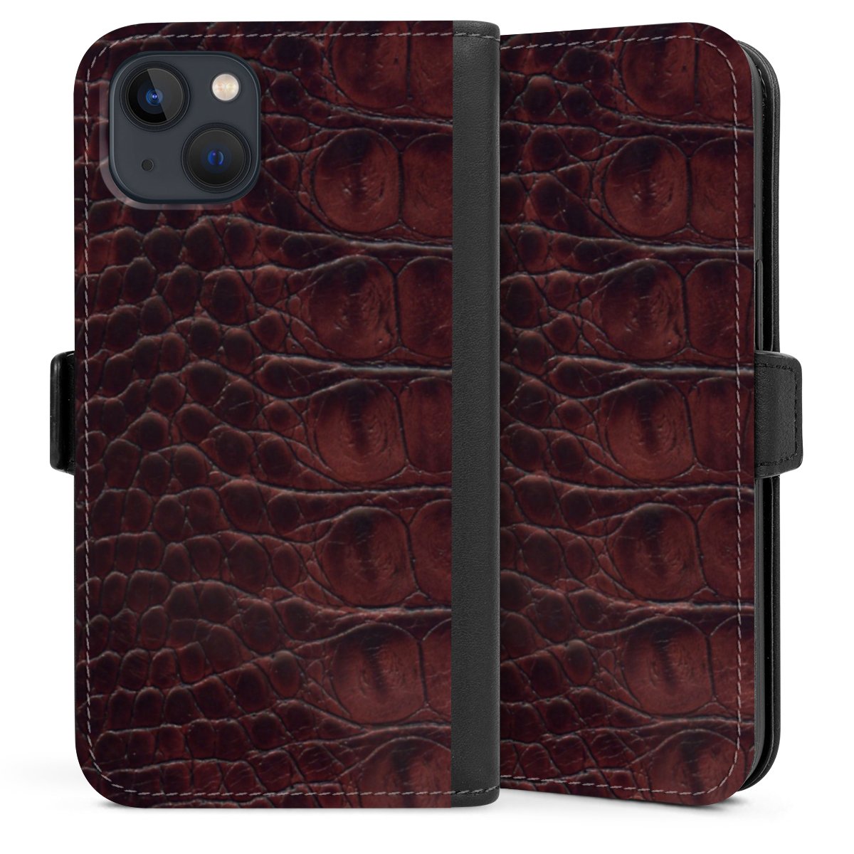 iPhone 13 Handy Klapphülle Handyhülle aus Kunst Leder schwarz Flip Case Crocodile Animal Print Leather Sideflip mit Lasche