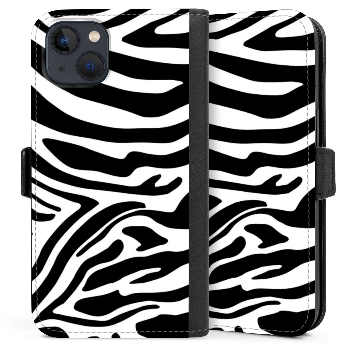 iPhone 13 Handy Klapphülle Handyhülle aus Kunst Leder schwarz Flip Case Zebra Animal Look Animal Print Sideflip mit Lasche