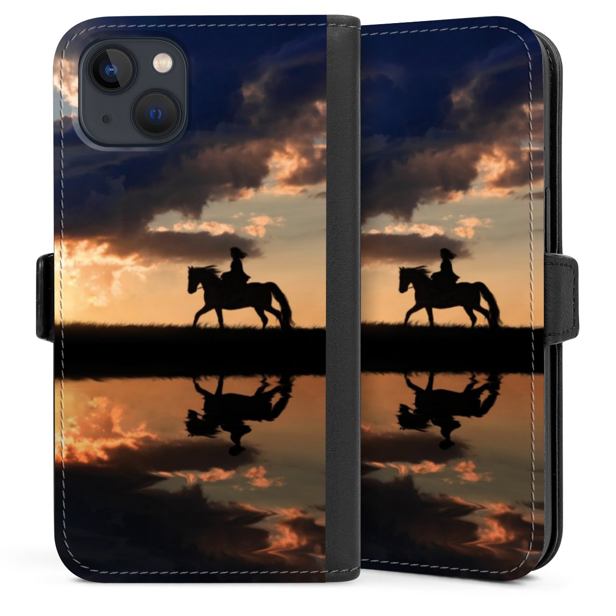 iPhone 13 Handy Klapphülle Handyhülle aus Kunst Leder schwarz Flip Case Horse Sunset Horseback Riding Sideflip mit Lasche