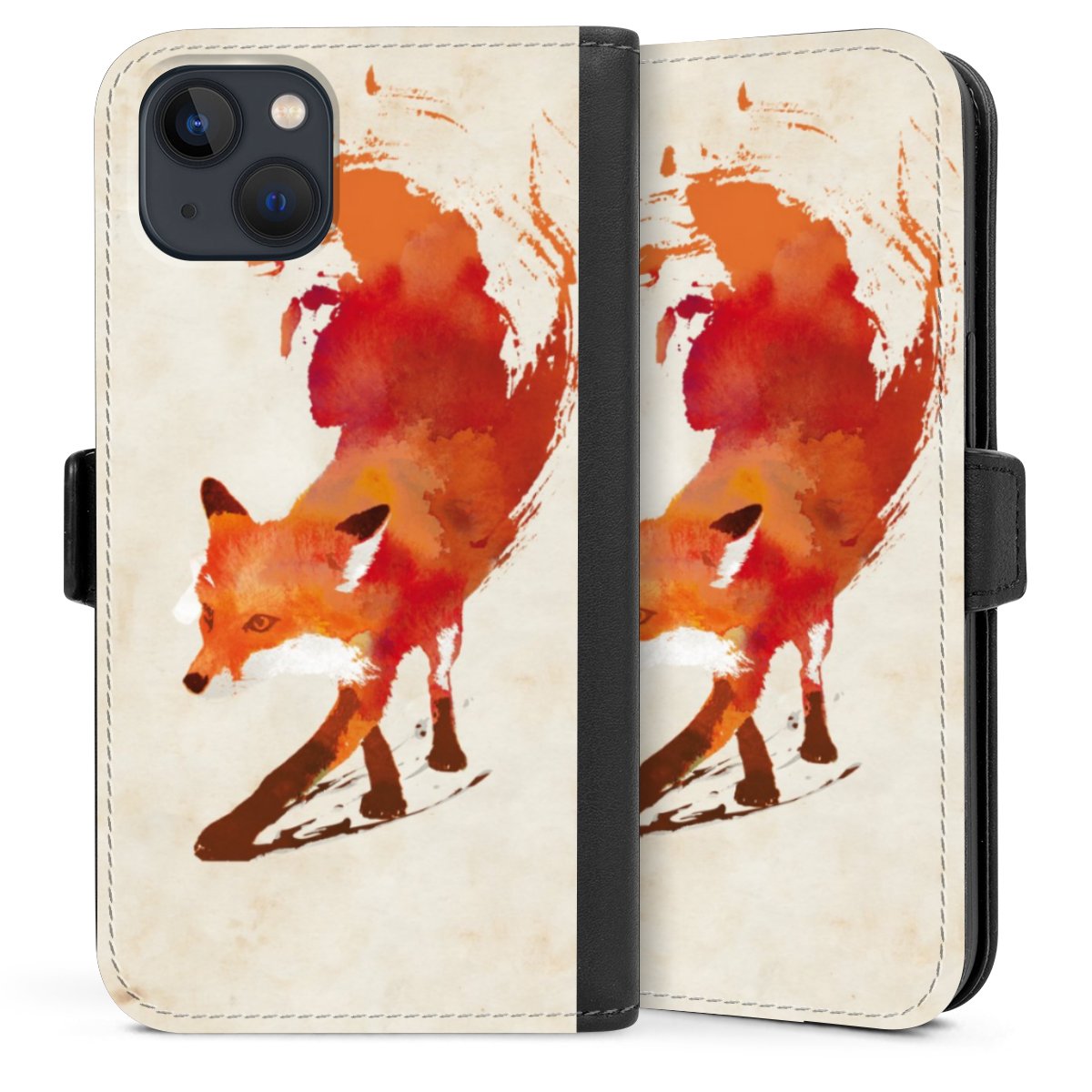 iPhone 13 Handy Klapphülle Handyhülle aus Kunst Leder schwarz Flip Case Fox Graphic Sideflip mit Lasche