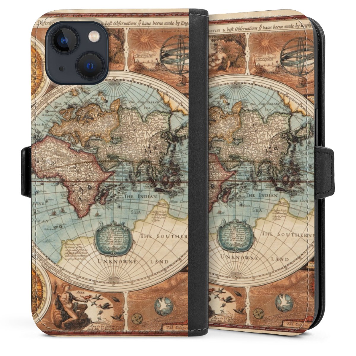 iPhone 13 Handy Klapphülle Handyhülle aus Kunst Leder schwarz Flip Case World Map Vintage Map Sideflip mit Lasche