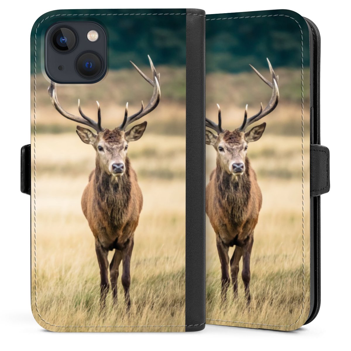 iPhone 13 Handy Klapphülle Handyhülle aus Kunst Leder schwarz Flip Case Deer Meadow Forrest Sideflip mit Lasche