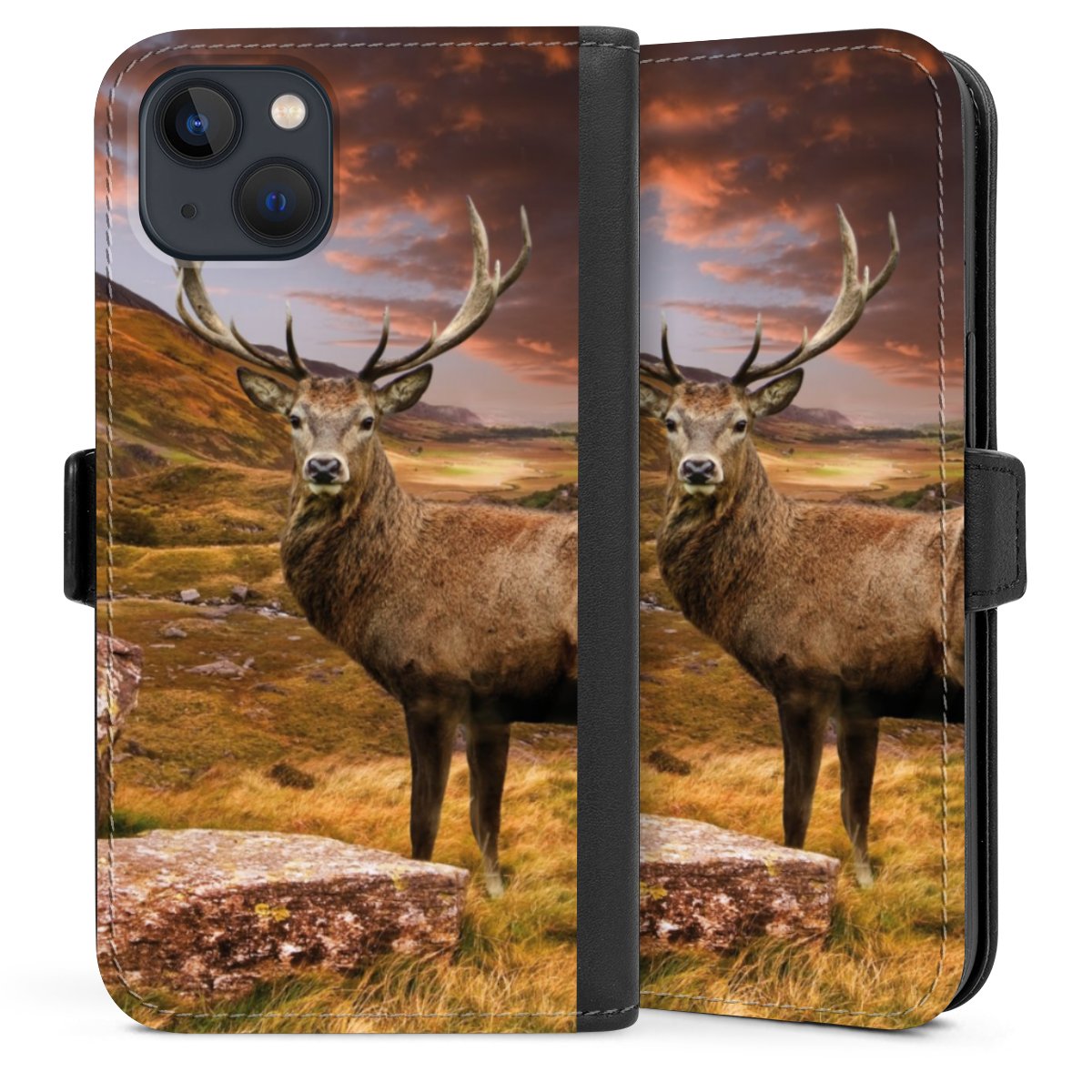 iPhone 13 Handy Klapphülle Handyhülle aus Kunst Leder schwarz Flip Case Meadow Mountain Deer Sideflip mit Lasche