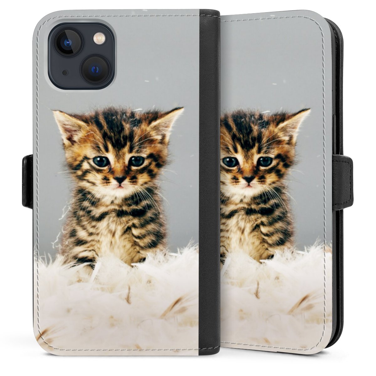 iPhone 13 Handy Klapphülle Handyhülle aus Kunst Leder schwarz Flip Case Cat Feather Pet Sideflip mit Lasche