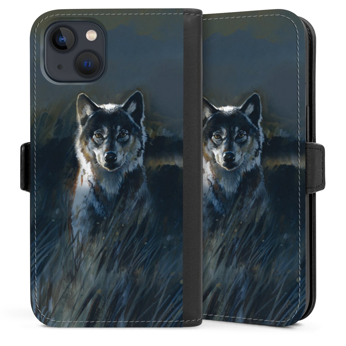 iPhone 13 Handy Klapphülle Handyhülle aus Kunst Leder schwarz Flip Case Nature Wolf Painting Sideflip mit Lasche