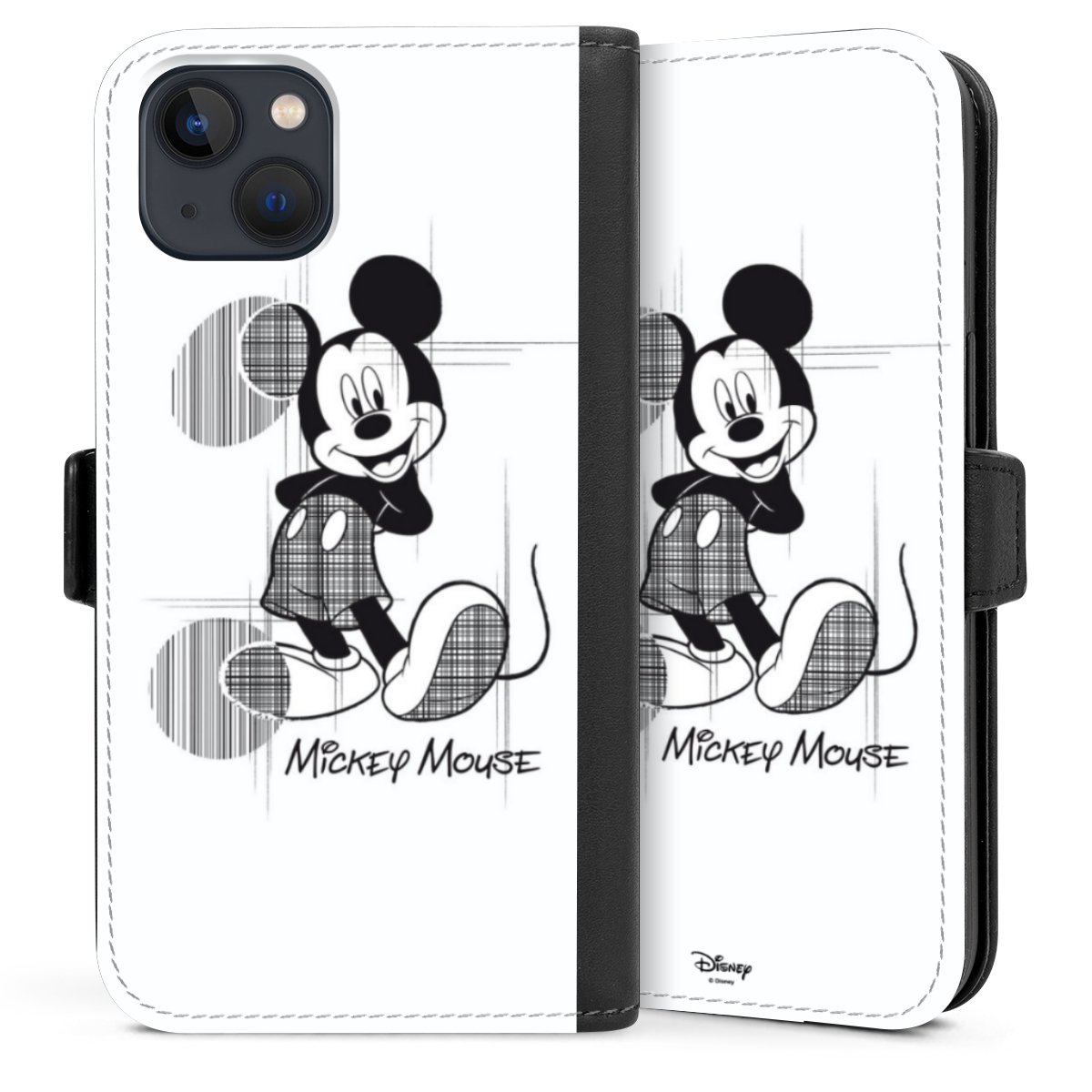 iPhone 13 Handy Klapphülle Handyhülle aus Kunst Leder schwarz Flip Case Disney Official Licensed Product Mickey Mouse Sideflip mit Lasche