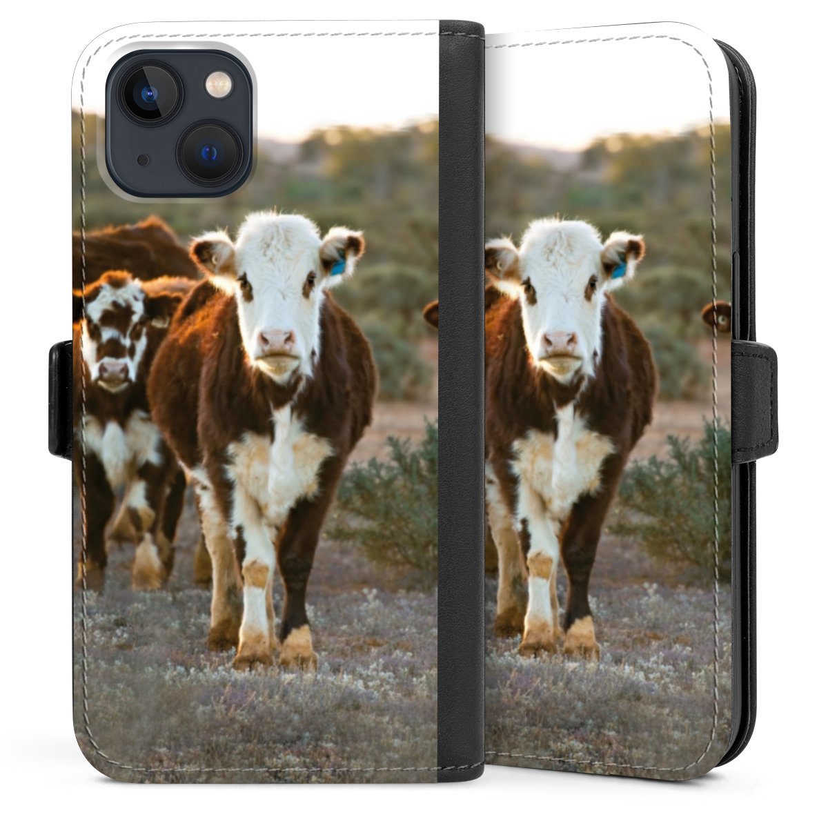 iPhone 13 Handy Klapphülle Handyhülle aus Kunst Leder schwarz Flip Case Cow Farmer Calf Sideflip mit Lasche