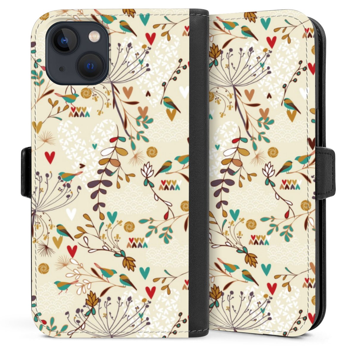 iPhone 13 Handy Klapphülle Handyhülle aus Kunst Leder schwarz Flip Case Bird Flowers Retro Sideflip mit Lasche