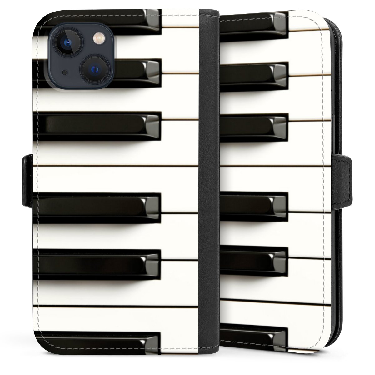 iPhone 13 Handy Klapphülle Handyhülle aus Kunst Leder schwarz Flip Case Klavier Piano Music Sideflip mit Lasche