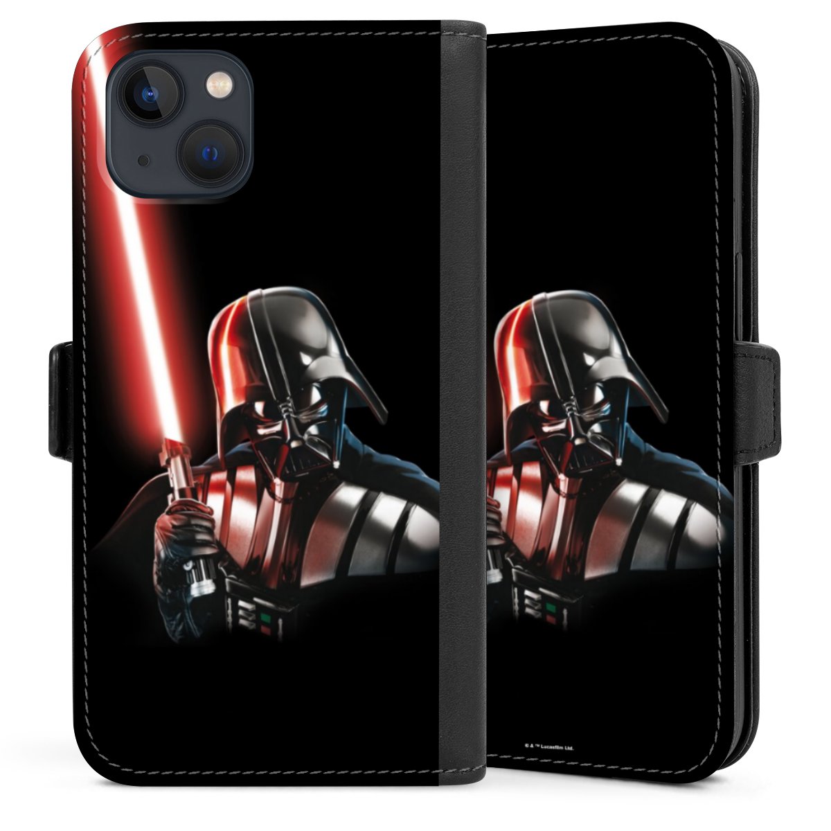 iPhone 13 Handy Klapphülle Handyhülle aus Kunst Leder schwarz Flip Case Star Wars Merchandise Darth Vader Sideflip mit Lasche