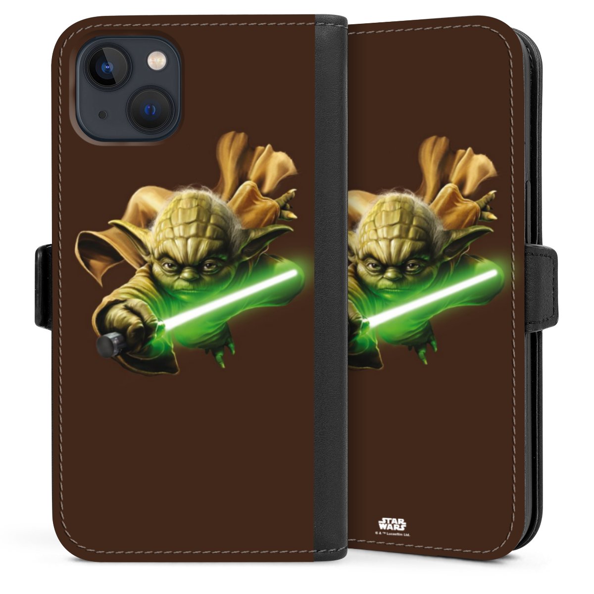 iPhone 13 Handy Klapphülle Handyhülle aus Kunst Leder schwarz Flip Case Yoda Merchandise Star Wars Sideflip mit Lasche