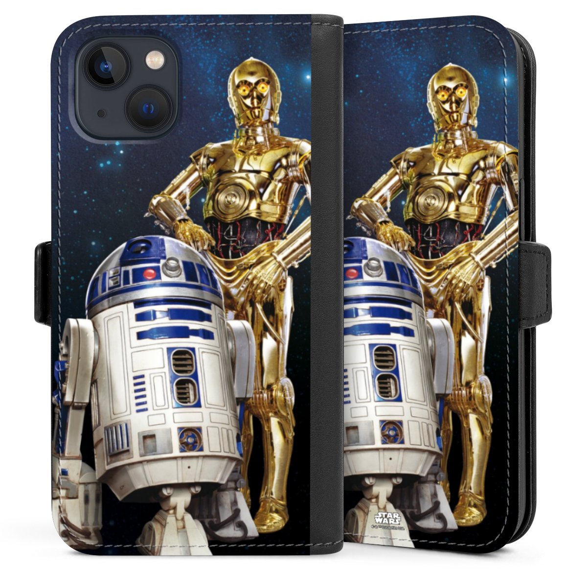 iPhone 13 Handy Klapphülle Handyhülle aus Kunst Leder schwarz Flip Case Weltall Star Wars R2d2 Sideflip mit Lasche