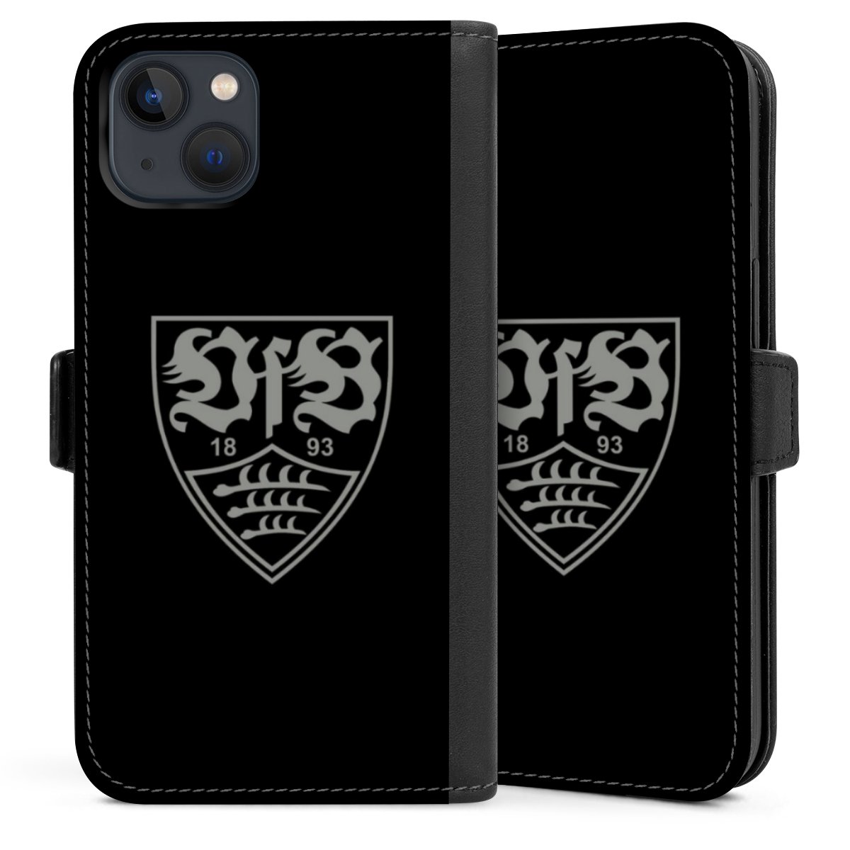 iPhone 13 Handy Klapphülle Handyhülle aus Kunst Leder schwarz Flip Case Official Licensed Product Vfb Stuttgart Sideflip mit Lasche