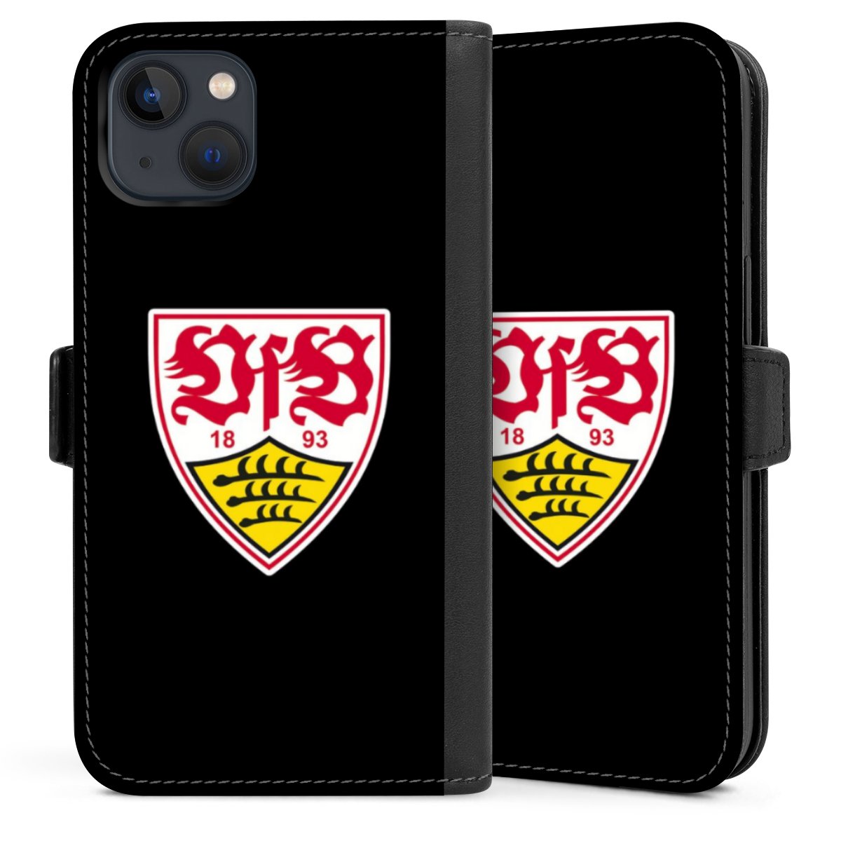 iPhone 13 Handy Klapphülle Handyhülle aus Kunst Leder schwarz Flip Case Vfb Stuttgart Official Licensed Product Coat Of Arms Sideflip mit Lasche