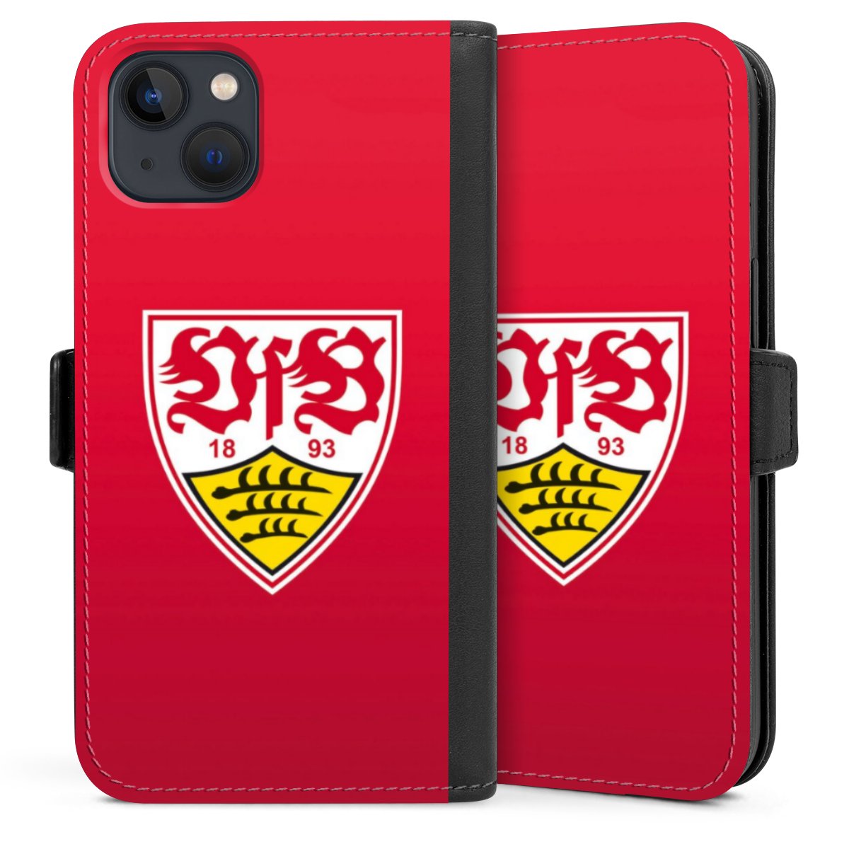 iPhone 13 Handy Klapphülle Handyhülle aus Kunst Leder schwarz Flip Case Official Licensed Product Vfb Stuttgart Sideflip mit Lasche