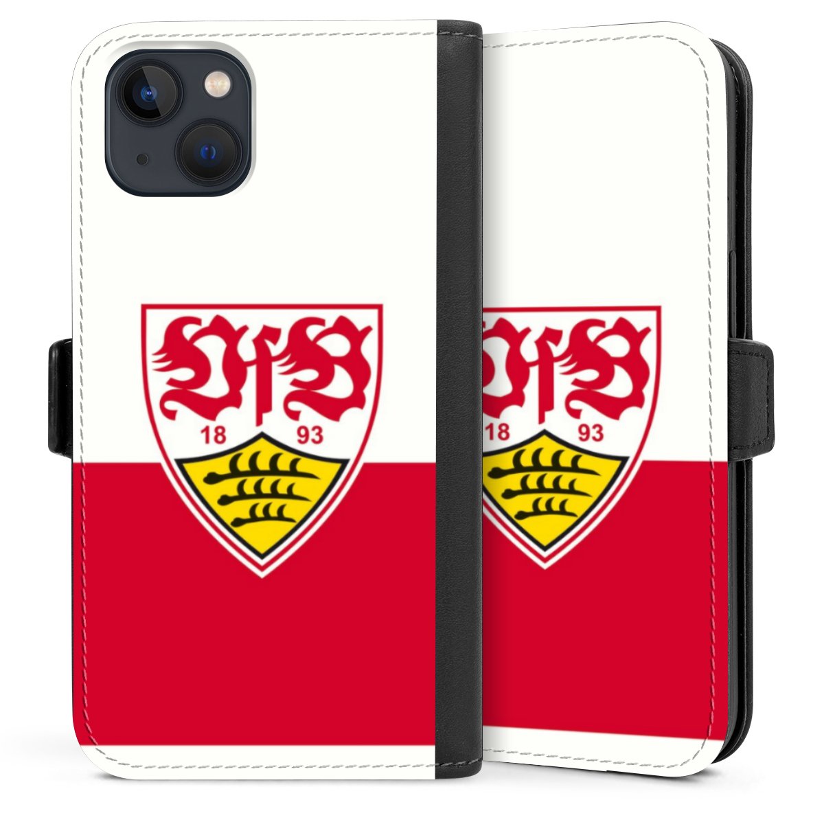 iPhone 13 Handy Klapphülle Handyhülle aus Kunst Leder schwarz Flip Case Official Licensed Product Logo Vfb Stuttgart Sideflip mit Lasche