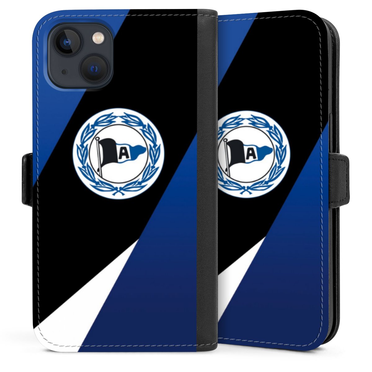 iPhone 13 Handy Klapphülle Handyhülle aus Kunst Leder schwarz Flip Case Official Licensed Product Arminia Bielefeld Dsc Sideflip mit Lasche