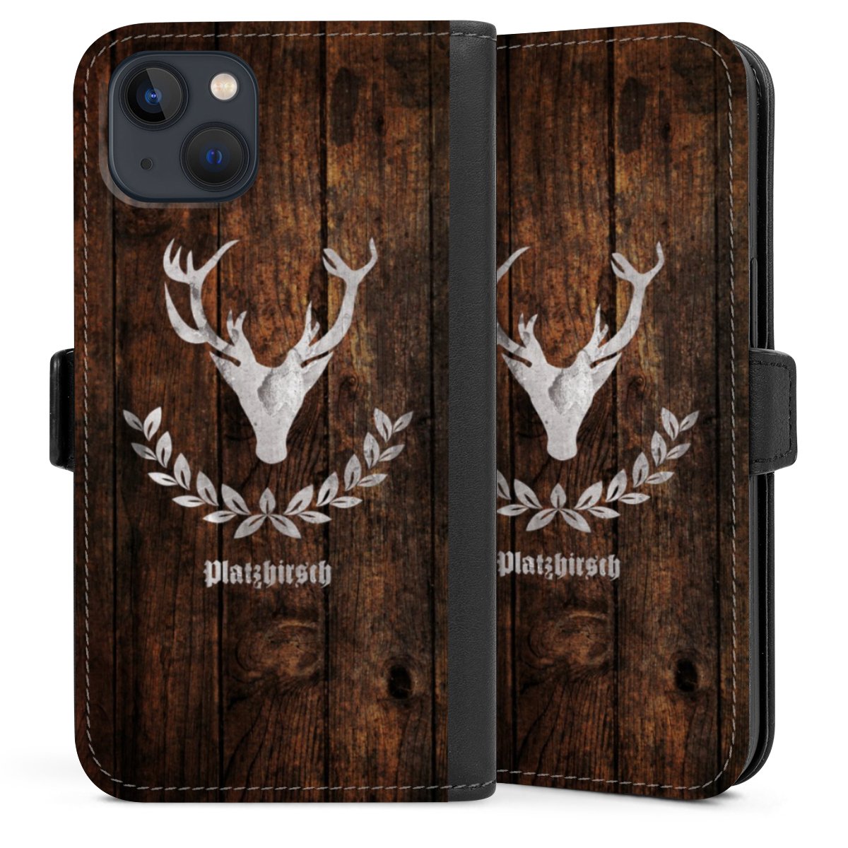 iPhone 13 Handy Klapphülle Handyhülle aus Kunst Leder schwarz Flip Case Deer Wood Wooden Look Sideflip mit Lasche