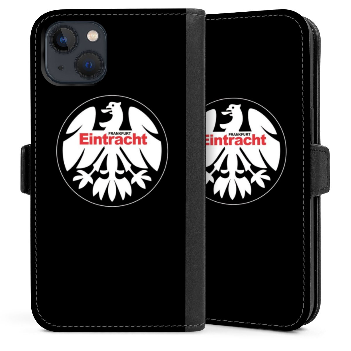 iPhone 13 Handy Klapphülle Handyhülle aus Kunst Leder schwarz Flip Case Official Licensed Product Eintracht Frankfurt Sge Sideflip mit Lasche