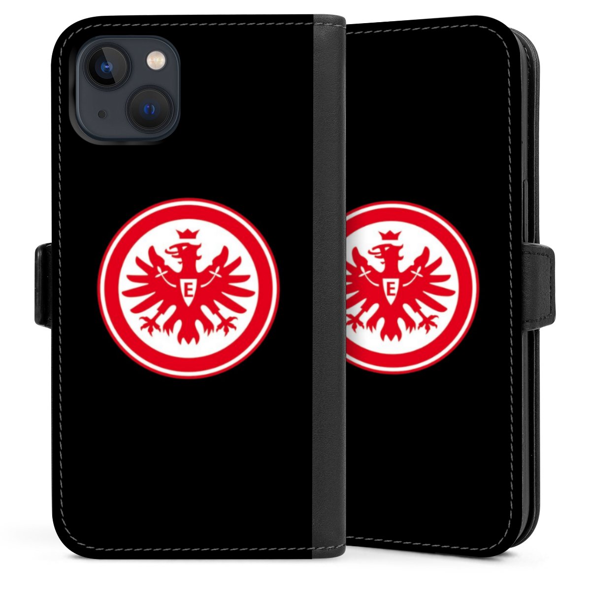 iPhone 13 Handy Klapphülle Handyhülle aus Kunst Leder schwarz Flip Case Eintracht Frankfurt Sge Eagle Sideflip mit Lasche