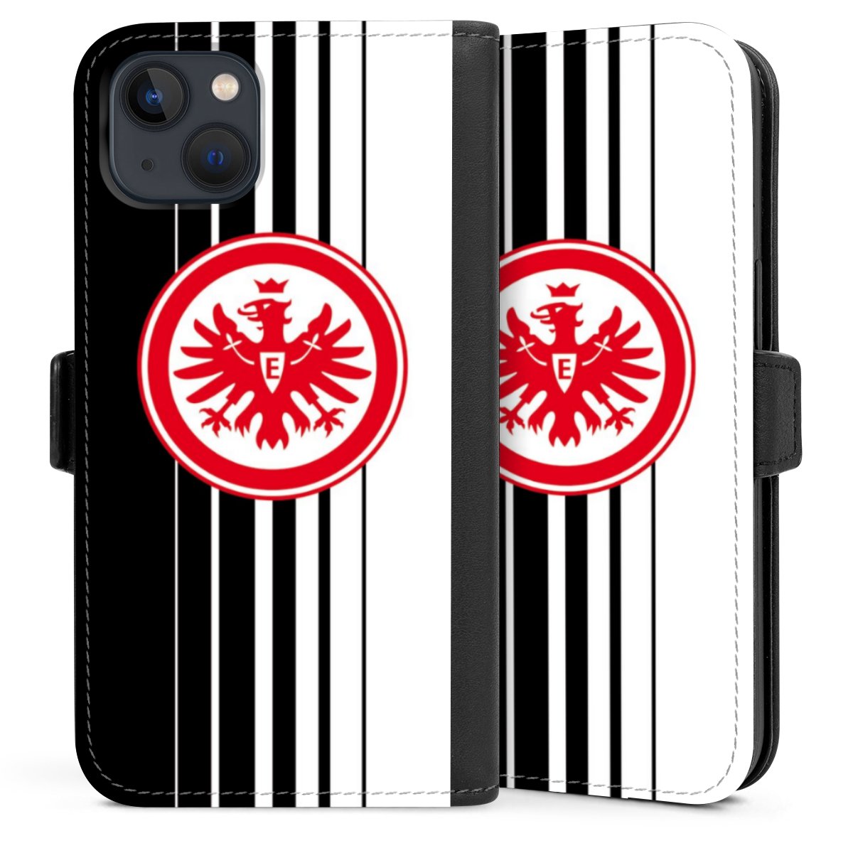 iPhone 13 Handy Klapphülle Handyhülle aus Kunst Leder schwarz Flip Case Stripes Eintracht Frankfurt Official Licensed Product Sideflip mit Lasche