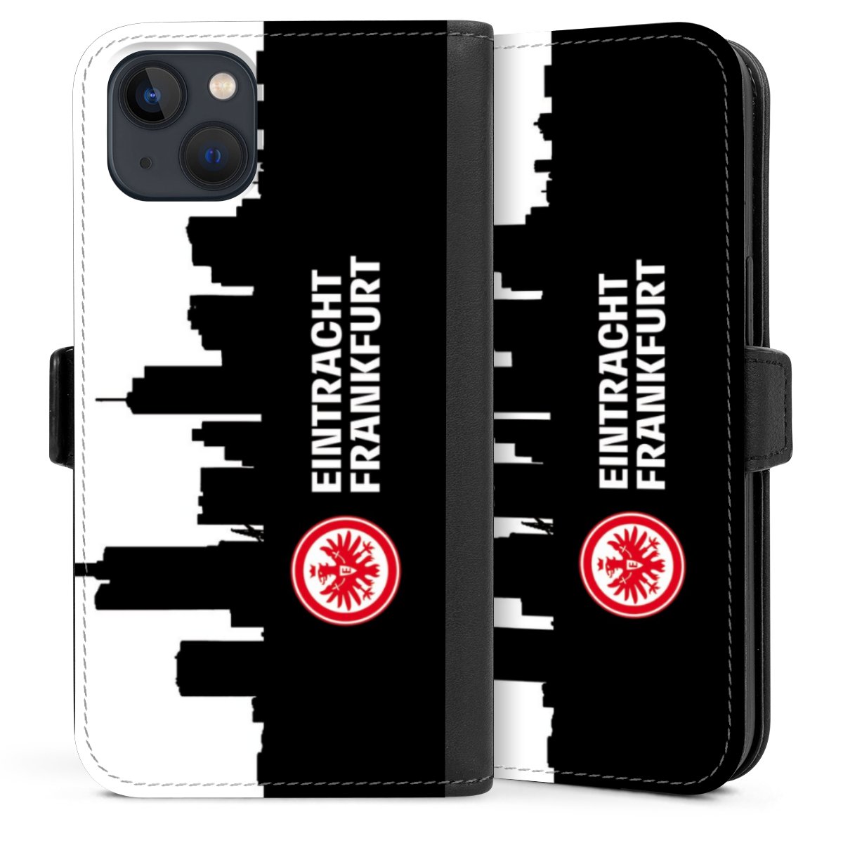 iPhone 13 Handy Klapphülle Handyhülle aus Kunst Leder schwarz Flip Case Sge Eintracht Frankfurt Official Licensed Product Sideflip mit Lasche