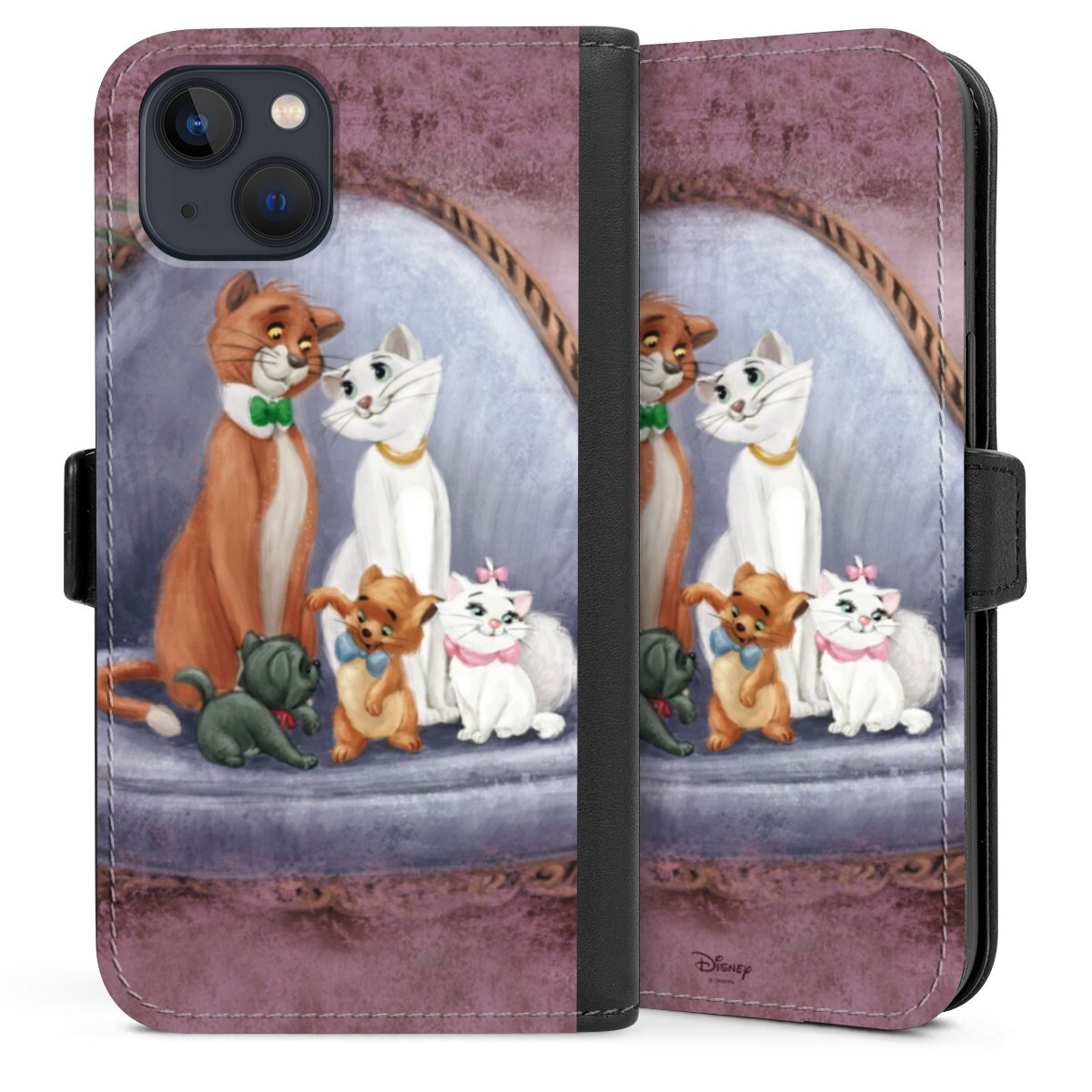 iPhone 13 Handy Klapphülle Handyhülle aus Kunst Leder schwarz Flip Case Official Licensed Product Disney Aristocats Sideflip mit Lasche