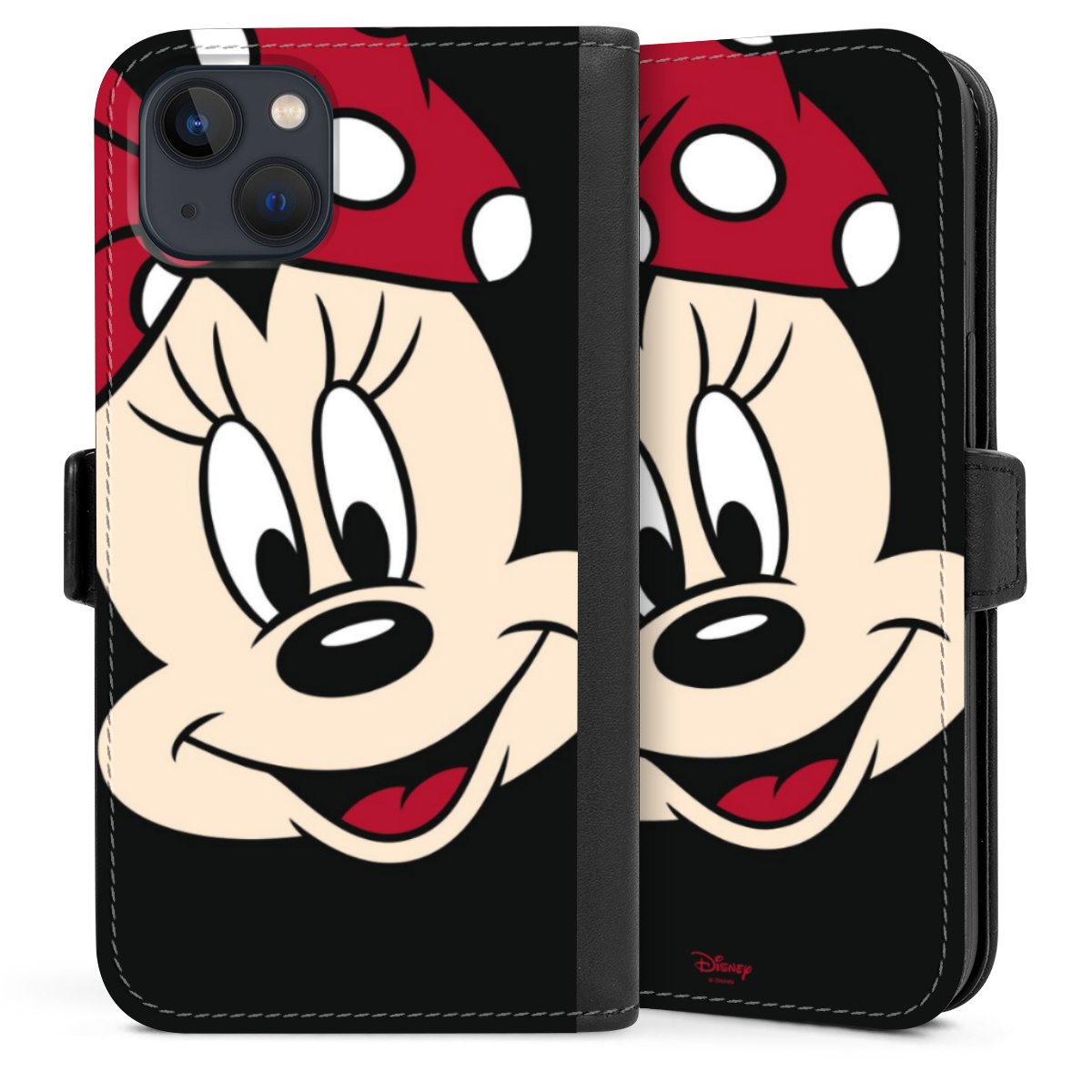 iPhone 13 Handy Klapphülle Handyhülle aus Kunst Leder schwarz Flip Case Minnie Mouse Official Licensed Product Disney Sideflip mit Lasche