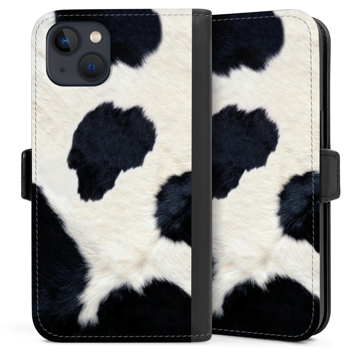 iPhone 13 Handy Klapphülle Handyhülle aus Kunst Leder schwarz Flip Case Animal Look Animal Print Cow Skin Sideflip mit Lasche