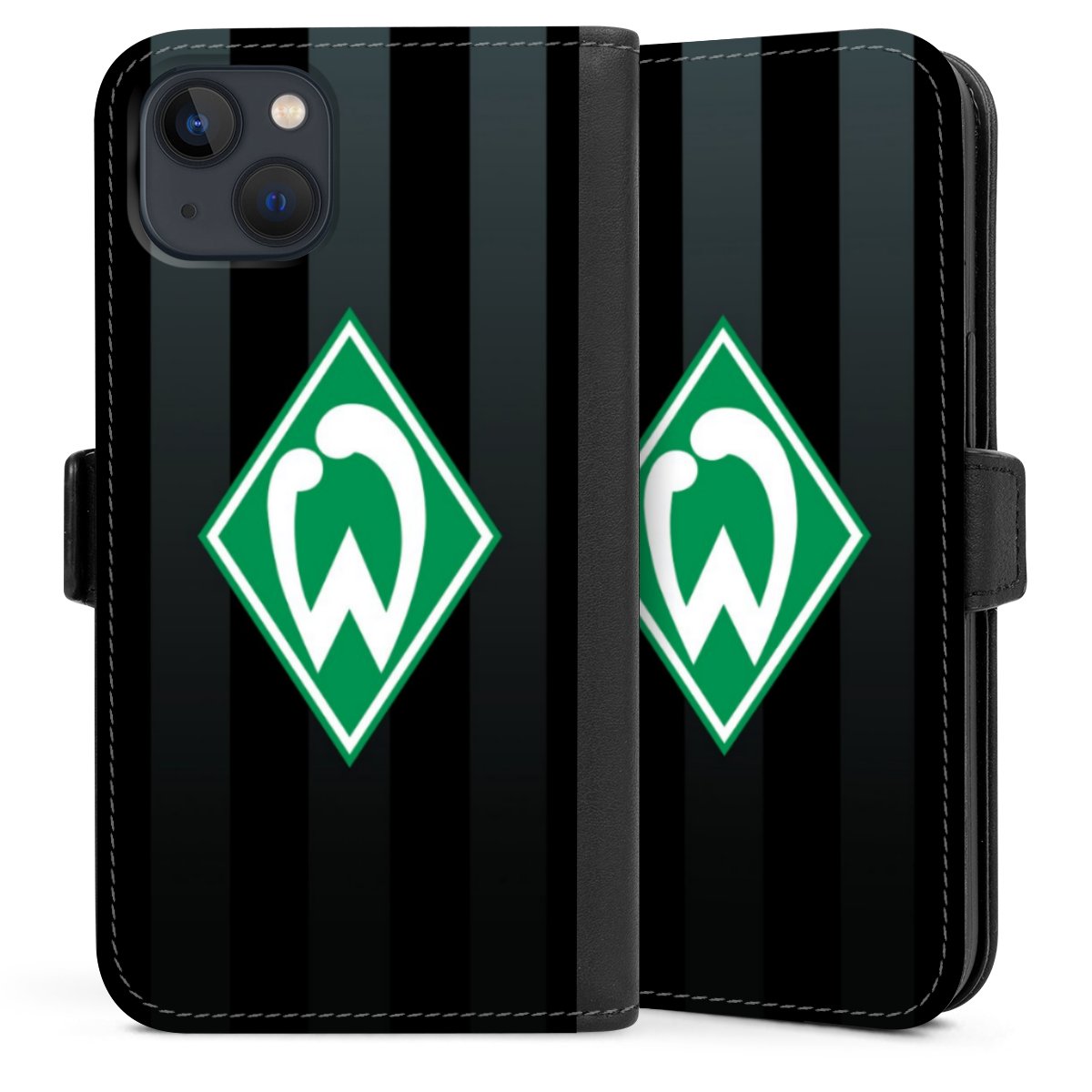 iPhone 13 Handy Klapphülle Handyhülle aus Kunst Leder schwarz Flip Case Stripes Sv Werder Bremen Official Licensed Product Sideflip mit Lasche