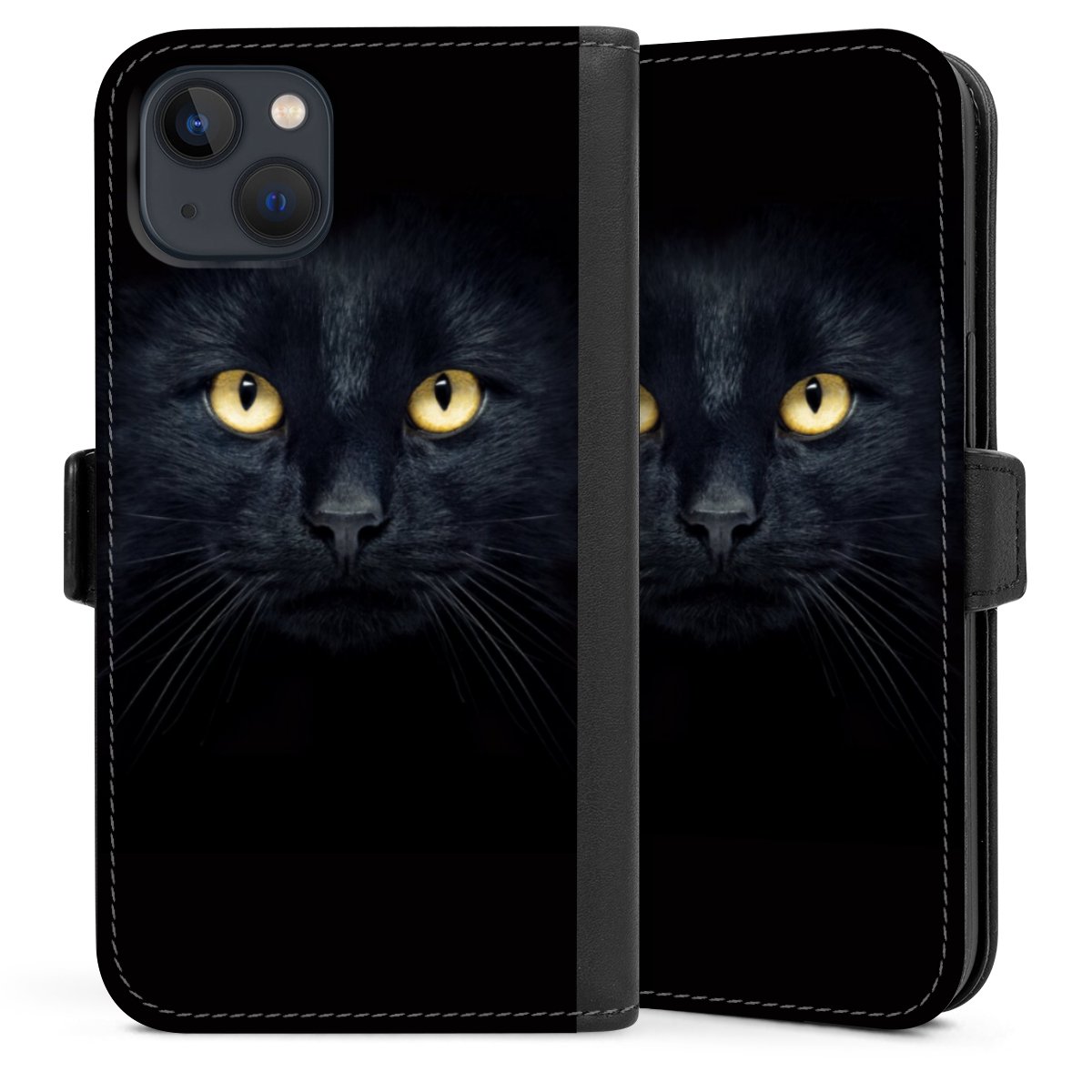 iPhone 13 Handy Klapphülle Handyhülle aus Kunst Leder schwarz Flip Case Eye Cat Black Sideflip mit Lasche