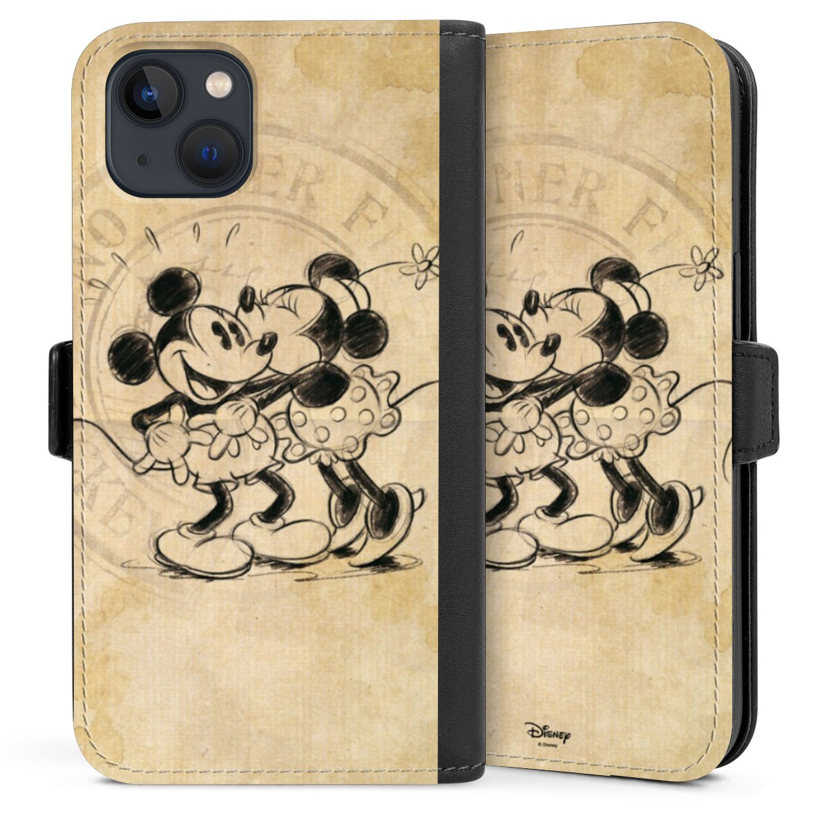 iPhone 13 Handy Klapphülle Handyhülle aus Kunst Leder schwarz Flip Case Mickey Mouse Vintage Minnie Mouse Sideflip mit Lasche