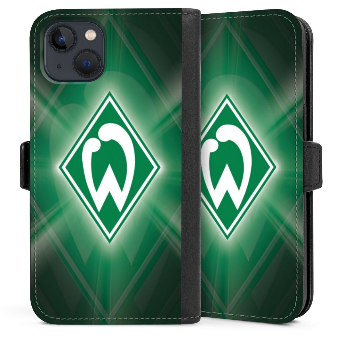 iPhone 13 Handy Klapphülle Handyhülle aus Kunst Leder schwarz Flip Case Sv Werder Bremen Official Licensed Product Coat Of Arms Sideflip mit Lasche