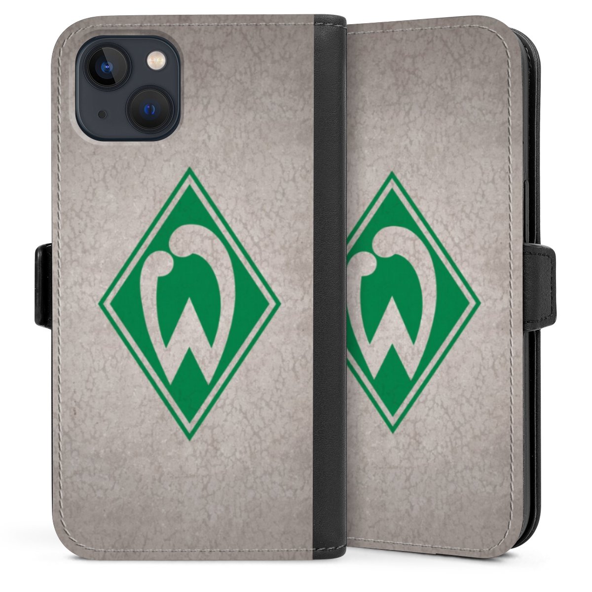 iPhone 13 Handy Klapphülle Handyhülle aus Kunst Leder schwarz Flip Case Sv Werder Bremen Concrete Official Licensed Product Sideflip mit Lasche