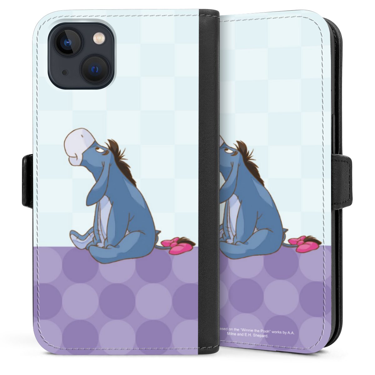 iPhone 13 Handy Klapphülle Handyhülle aus Kunst Leder schwarz Flip Case Disney Donkey Winnie The Pooh Sideflip mit Lasche