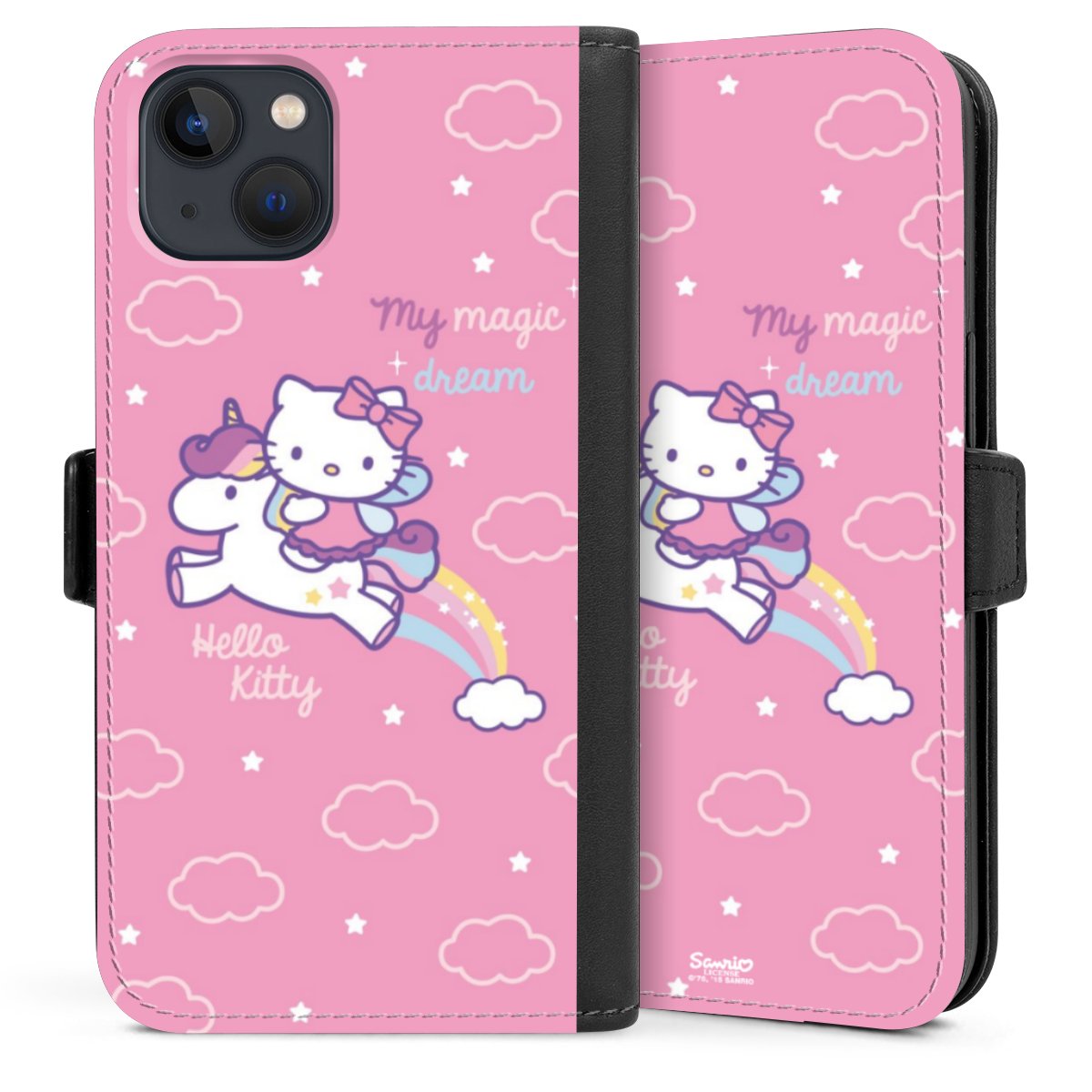 iPhone 13 Handy Klapphülle Handyhülle aus Kunst Leder schwarz Flip Case Einhorn Official Licensed Product Hello Kitty Sideflip mit Lasche