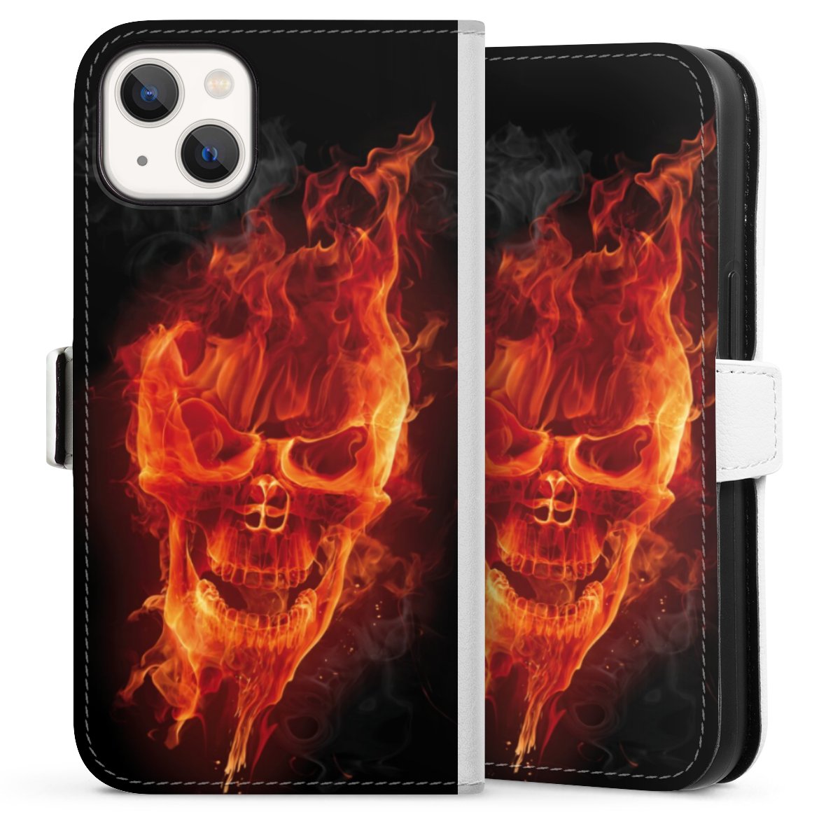 iPhone 13 Handy Klapphülle Handyhülle aus Kunst Leder weiß Flip Case Totenkopf Skull Fire Sideflip mit Lasche