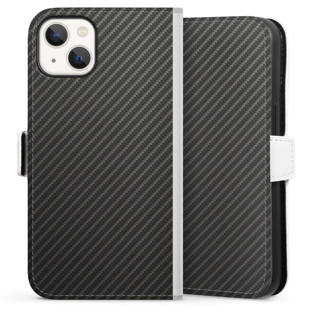 iPhone 13 Handy Klapphülle Handyhülle aus Kunst Leder weiß Flip Case Metallic Look Carbon Muster Sideflip mit Lasche