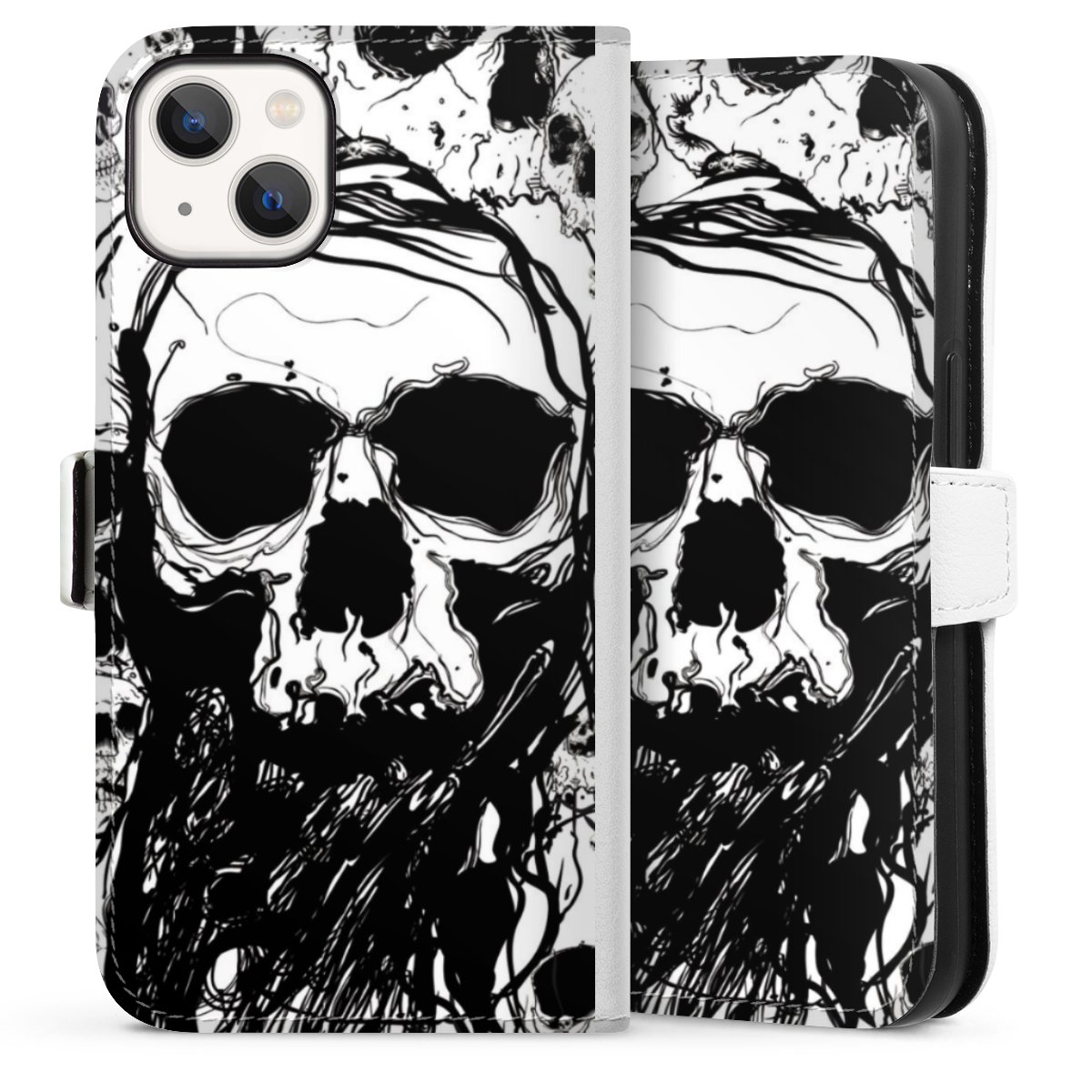 iPhone 13 Handy Klapphülle Handyhülle aus Kunst Leder weiß Flip Case Totenkopf Halloween Sideflip mit Lasche