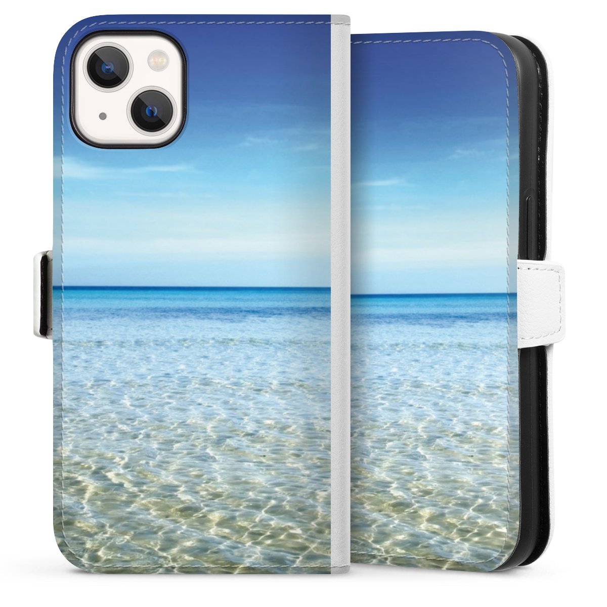 iPhone 13 Handy Klapphülle Handyhülle aus Kunst Leder weiß Flip Case Urlaub Sky Ocean Sideflip mit Lasche