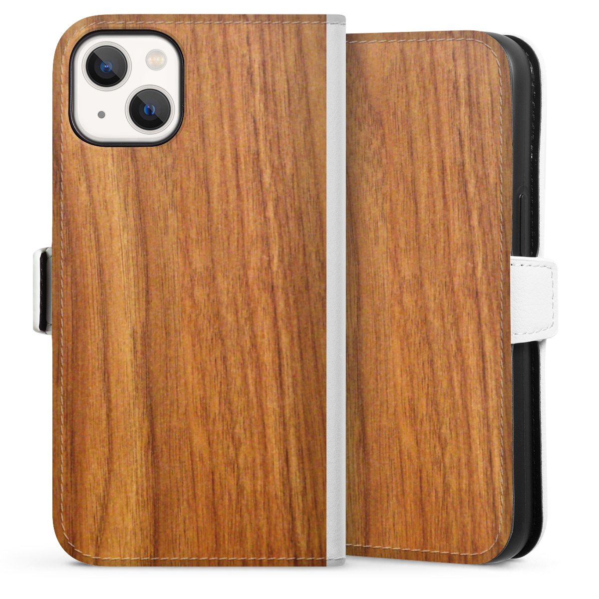 iPhone 13 Handy Klapphülle Handyhülle aus Kunst Leder weiß Flip Case Wood Larch Wooden Look Sideflip mit Lasche